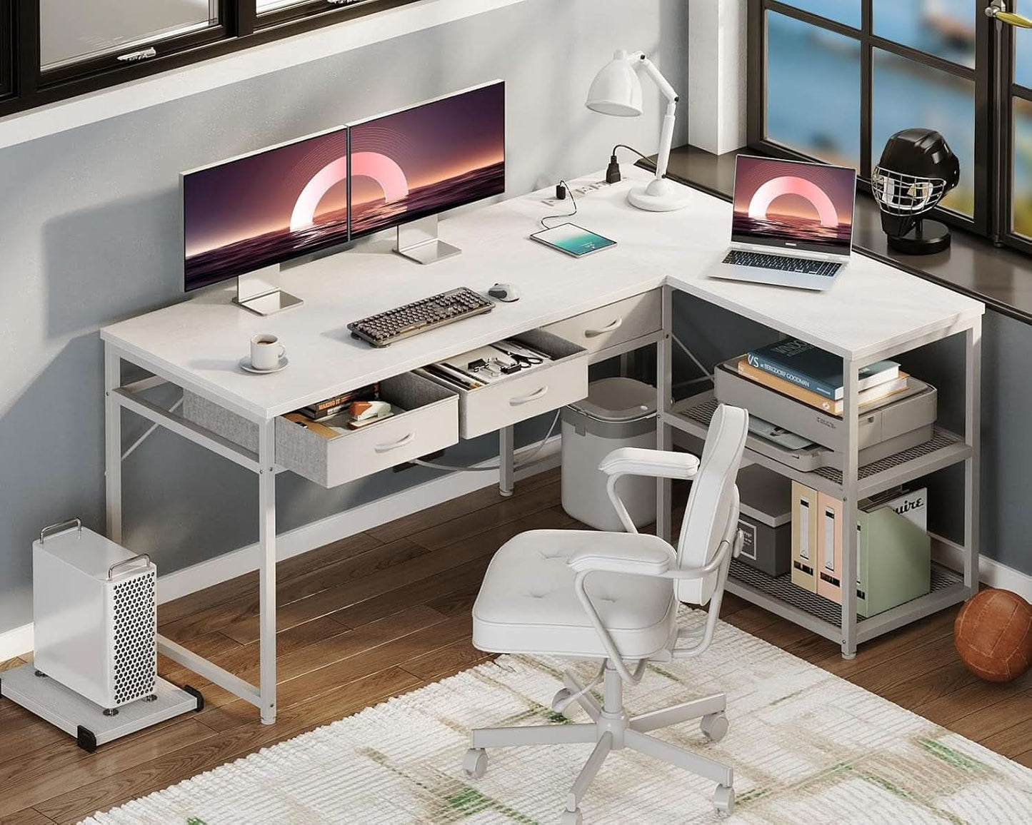 53In LShaped Computer Desk With Power Outlets Home Office