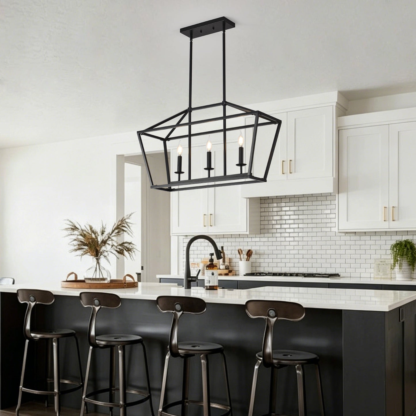 Chandelier Industrial Linear 3-Light Matte Black Metal Pendant Kitchen