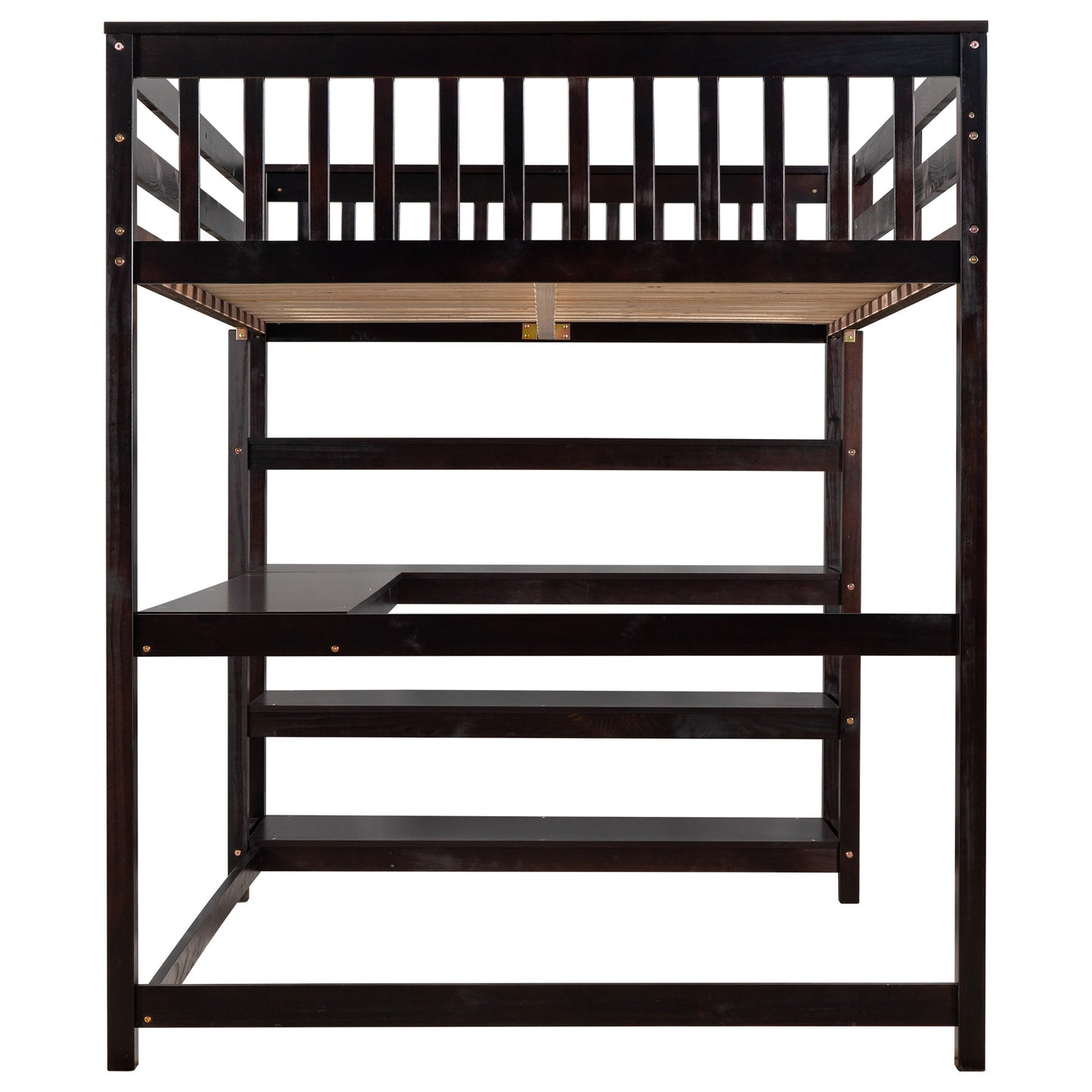 Espresso Full Size Loft Bed with Storage Shelves and Under-bed Desk, Solid Pi...