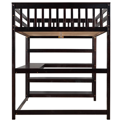 Espresso Full Size Loft Bed with Storage Shelves and Under-bed Desk, Solid Pi...