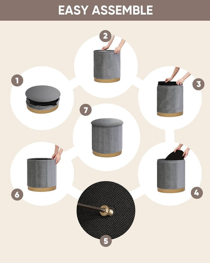 Grey Velvet Circular Storage Ottoman Golden Accents