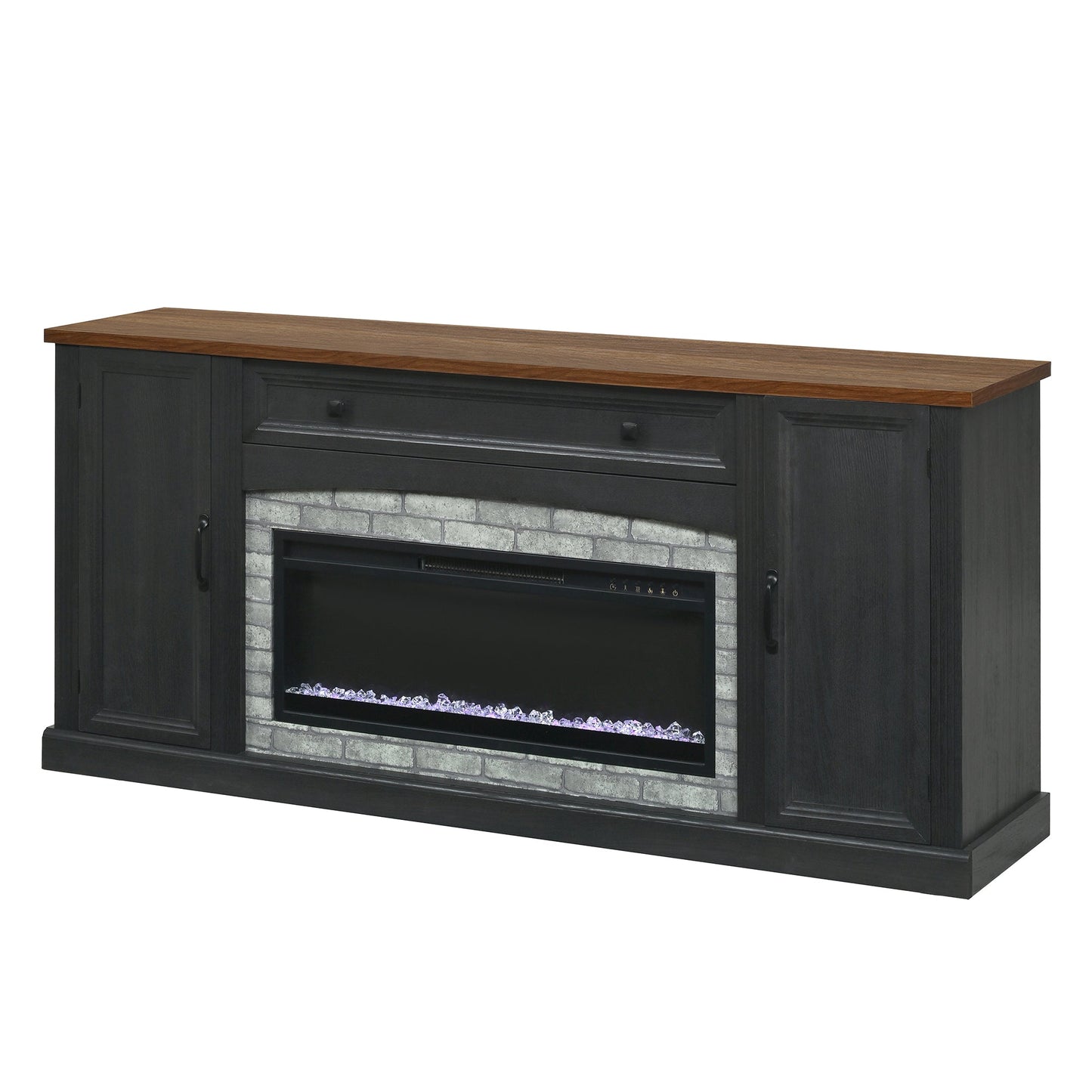 TV Stand Fireplace Black MDF Walnut Top Gray Brick 1400W Fits 70 In TV 66.9 In