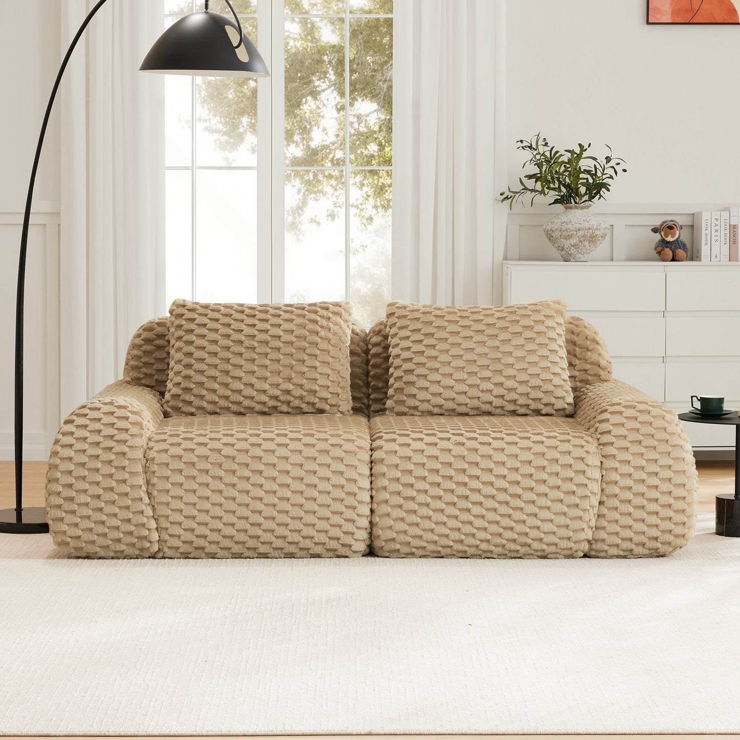 Sectional Sofa Modular Flannelette Camel 2 Seat Curved Footrest