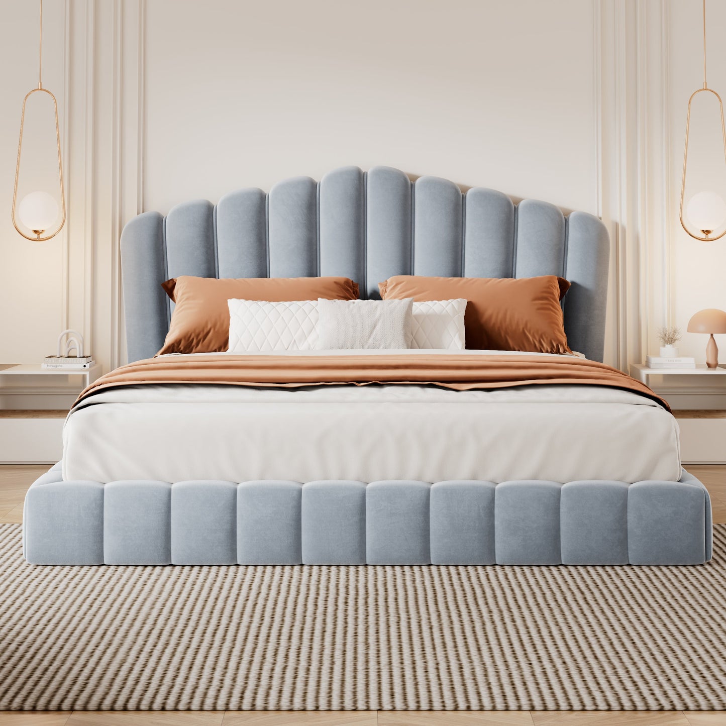 Velvet Upholstered Queen Bed Frame with Shell-Shaped Headboard, Light Blue