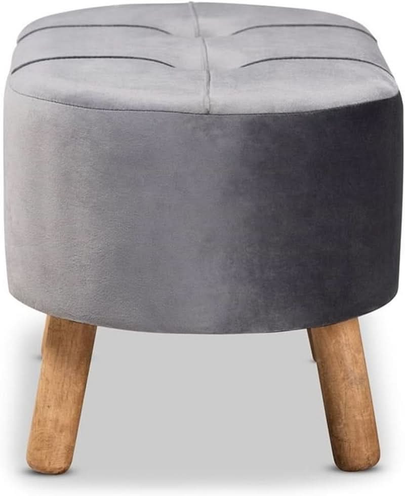 Greyish Velvety Upholstered Wood Ottoman Mid Century