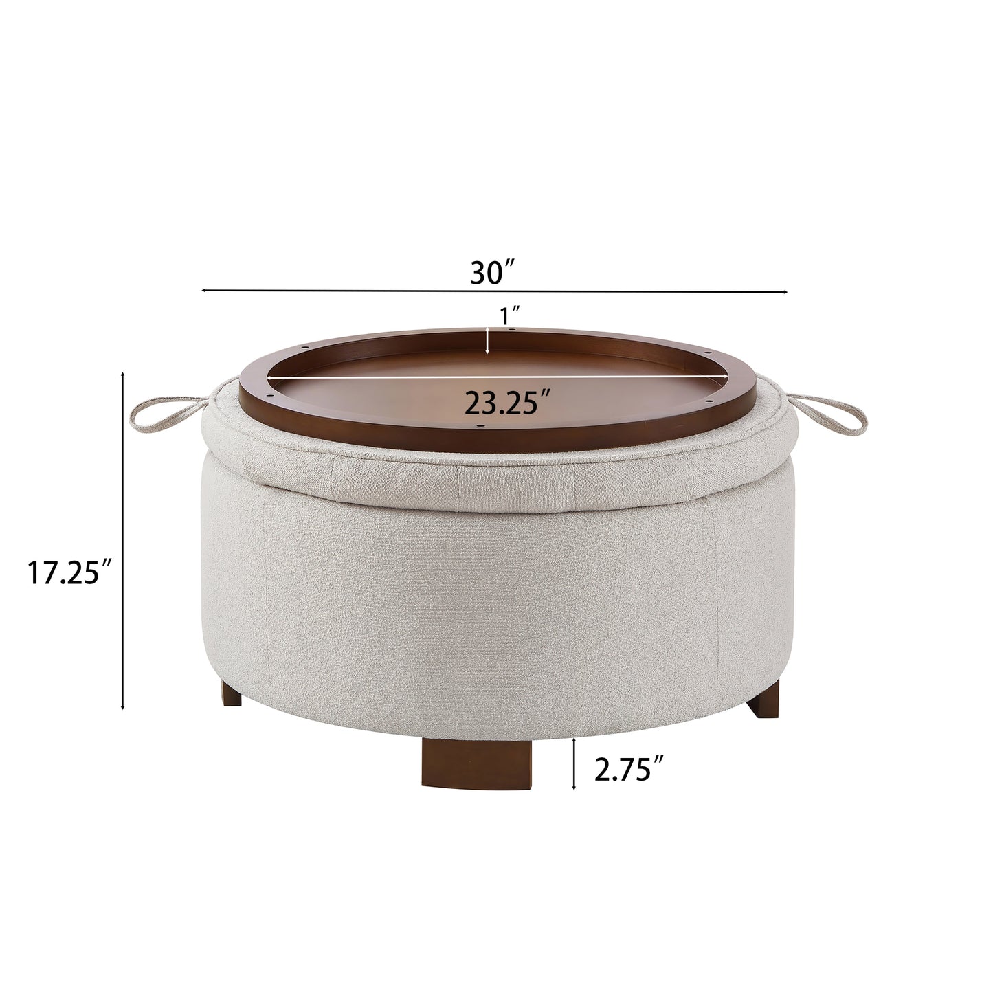 Round Storage Ottoman with Reversible Lid, Boucle Fabric Upholstered, Beige