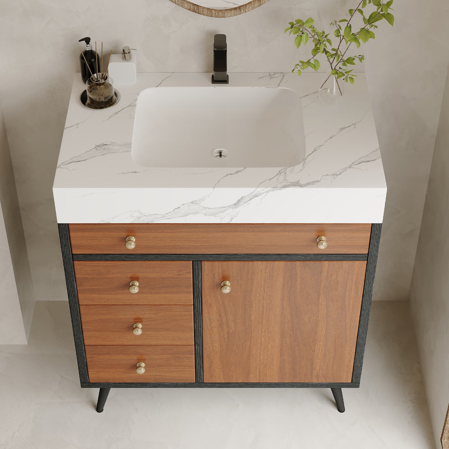 Modern Free-Standing Bathroom Vanity with Ceramic Sink & Sintered Stone Top