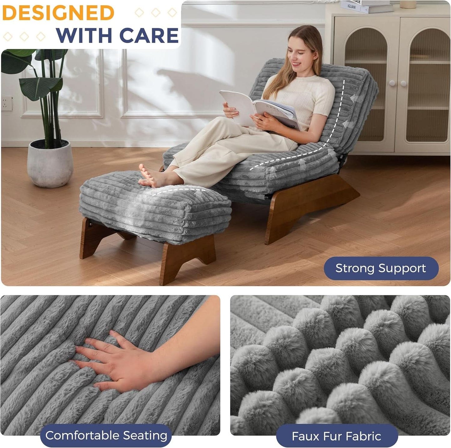 Grey Adjustable Accent Chair Featuring Plush Ottoman
