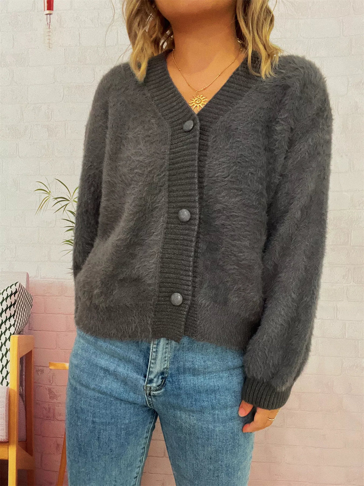 Fuzzy Button-Up Long Sleeve Cardigan