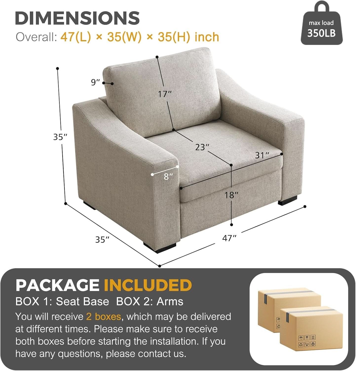 47 Inch Linen Fabric Armchair Pair Oversized Oatmeal