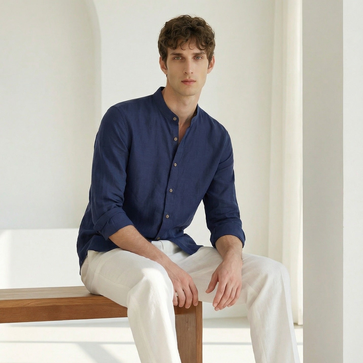 Italian Neapolitan Luxury Pure Natural Linen Mens Long Sleeve Shirt