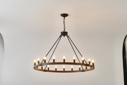 Chandelier Wood Wagon Wheel 20-Light Farmhouse Matte Black 39.3 In