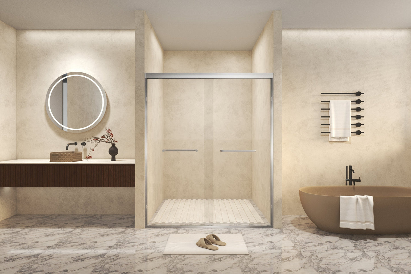 56-60in x 72in Aluminum Frame Double Sliding Shower Door, Brushed Nickel, 6mm