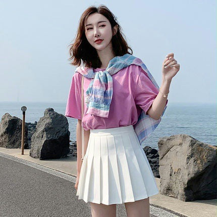 High-waisted A-line Skirt For Petite Women Gray And White Pleated Skirt