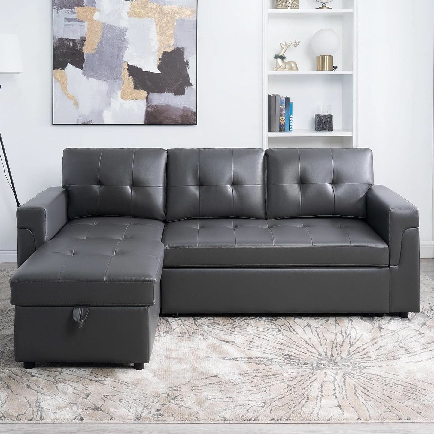 Sleeper Sectional Sofa With Convertible Bed In Dark Gray