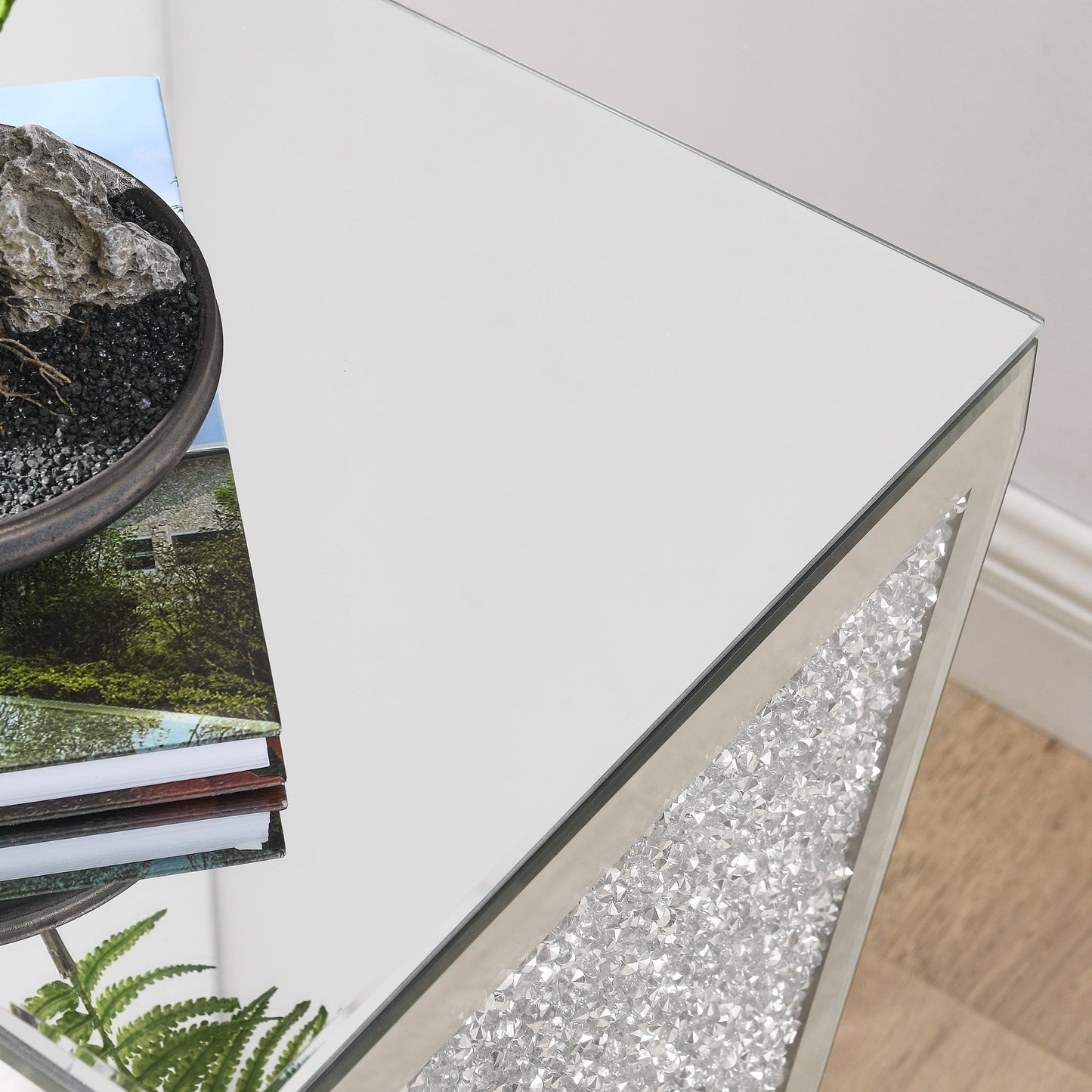 Inverted Triangle Mirror Coffee Table, Crystal Diamond Inlaid, Silver Glass