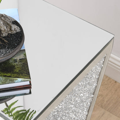 Inverted Triangle Mirror Coffee Table, Crystal Diamond Inlaid, Silver Glass