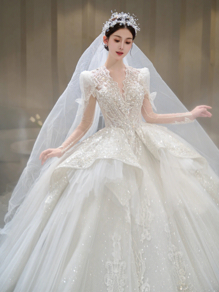 Bride main yarn long sleeve heavy industry trailing French retro wedding dress