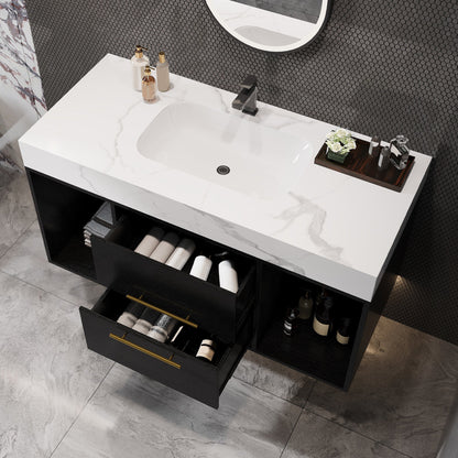 39.4' Floating Bathroom Vanity with Ceramic Sink, 2 Drawers and 2 Open Shelves