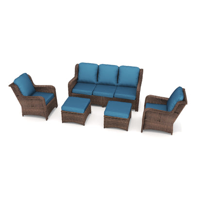 5 Piece PE Rattan Outdoor Conversation Set Brown Peacock Blue