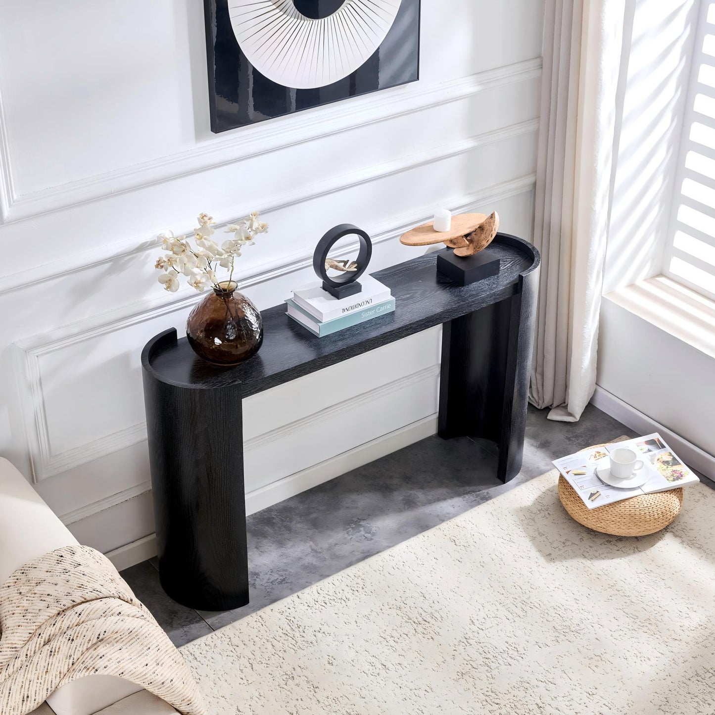 Black Curved Foyer Table, Wood Grain Minimalist Entrance Side Table