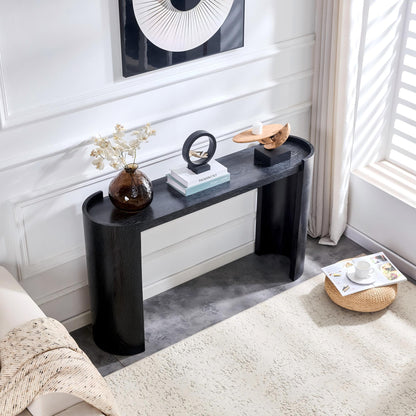 Black Curved Foyer Table, Wood Grain Minimalist Entrance Side Table