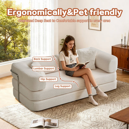 Sofa Floor Low Profile 5-in-1 Corduroy Cream Sleeper with Blanket 74.8 In