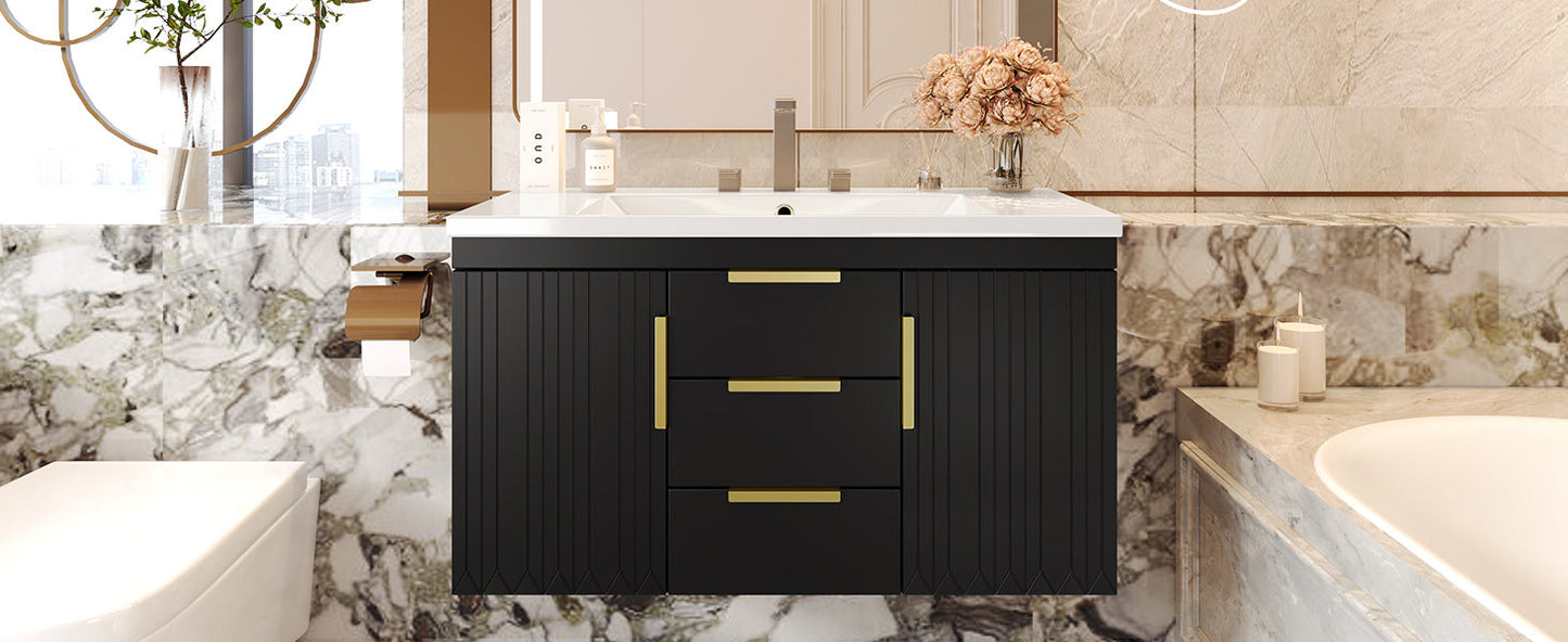 36'' Wall Mounted Bathroom Vanity with Resin Sink and 2 Drawers