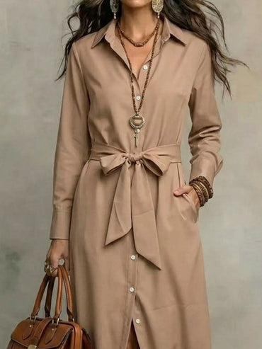 Full Size Tie Waist Long Sleeve Shirt Dress Plus Size