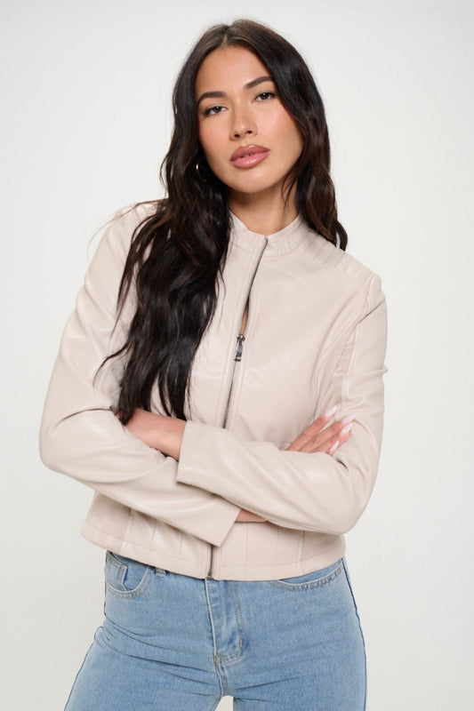 Vegan Leather Moto Jacket with Zipper