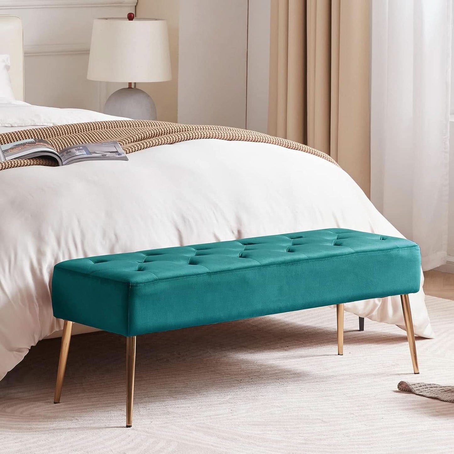 Velvet Upholstered Button Tufted Ottoman Gold Base