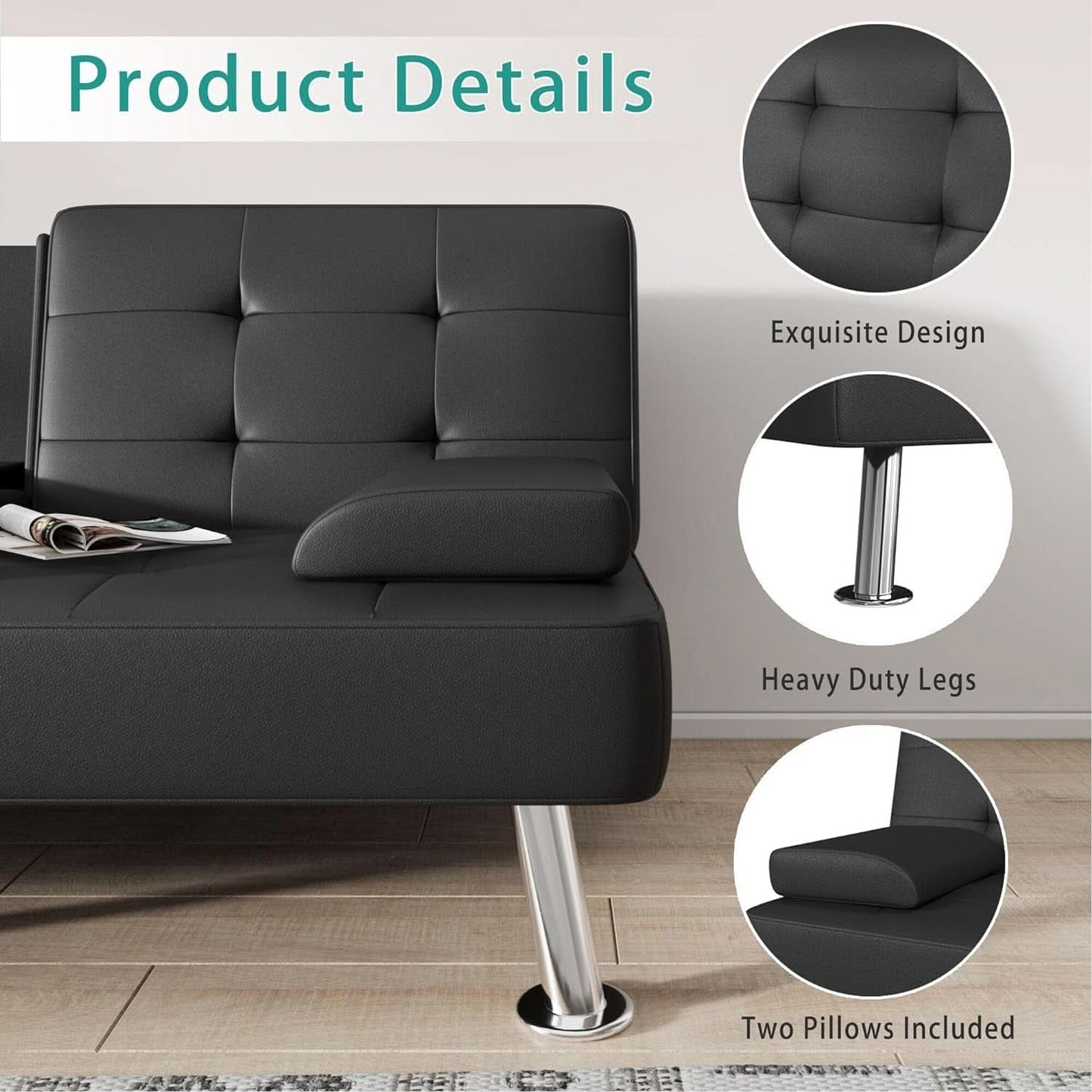 Futon Sofa Bed Black PU Leather With Cupholders Modern