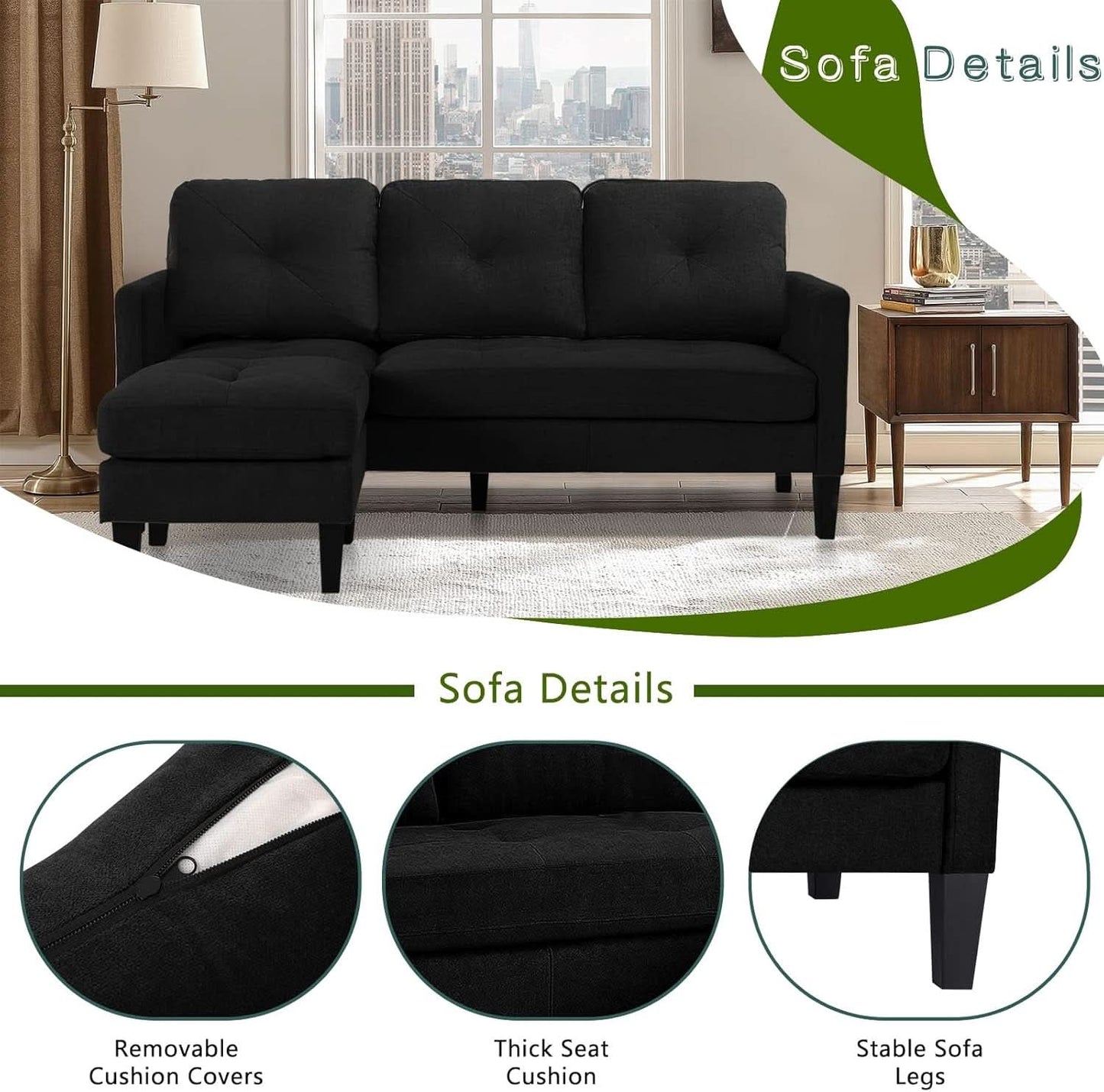 Adjustable L Shaped Sofa With Storage In Black Nordic Style