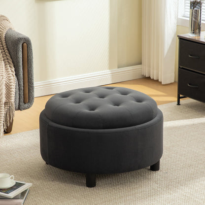 29.33' Round Upholstered Ottoman with Reversible Lid, Fleece Fabric, Gray