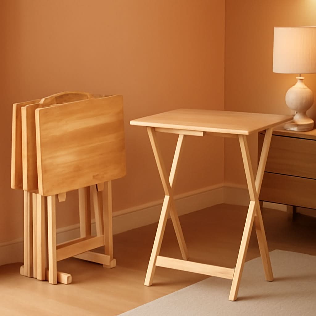 TV Dinner Tray Table Set of 4 With Storage Rack Natural