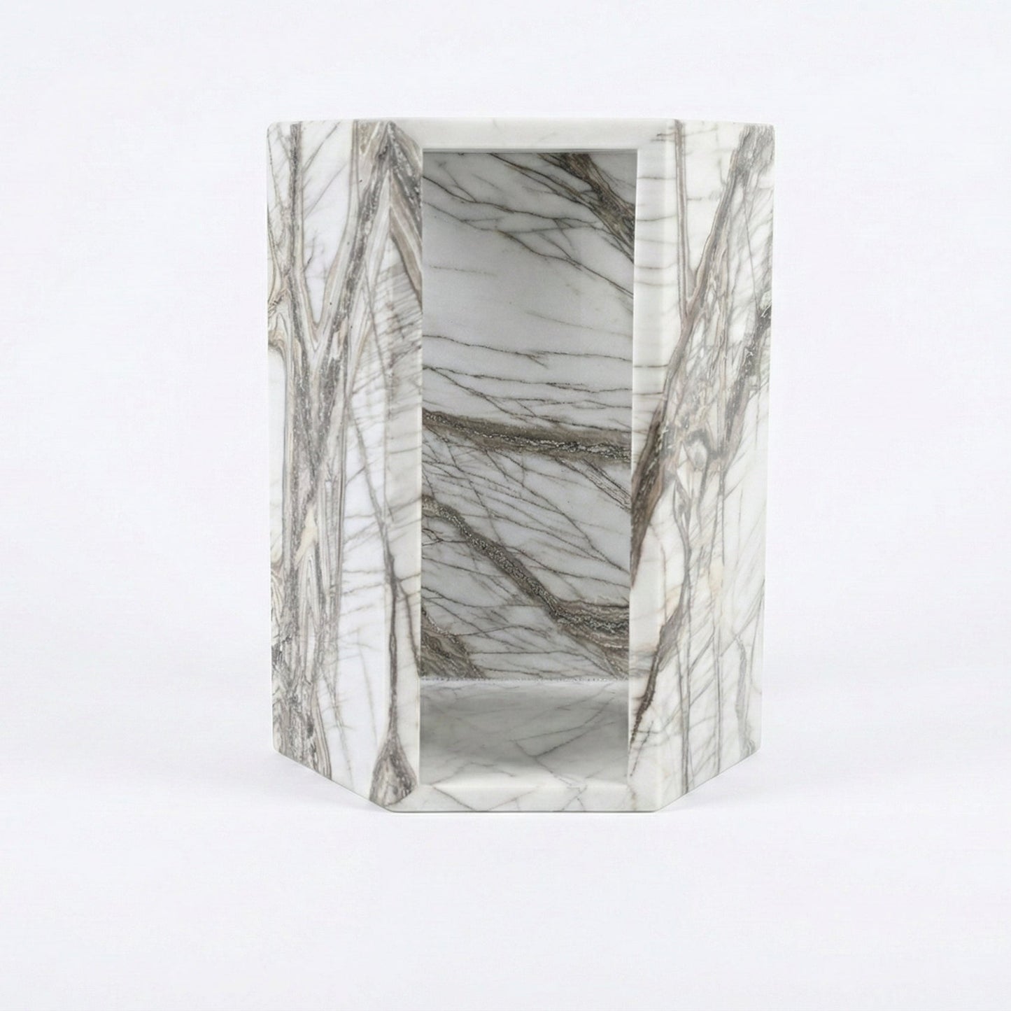 White Marble Hexagon Side Table, 15.7 in, Geometric Stone, Polished Pedestal