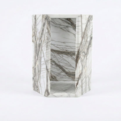 White Marble Hexagon Side Table, 15.7 in, Geometric Stone, Polished Pedestal