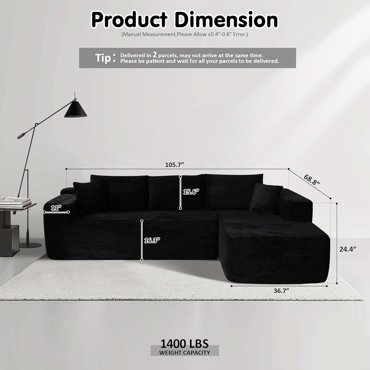 104 Inch Black Corduroy L Shaped Sectional Sofa Deep Set Upholstered Modular Couch No Assembly