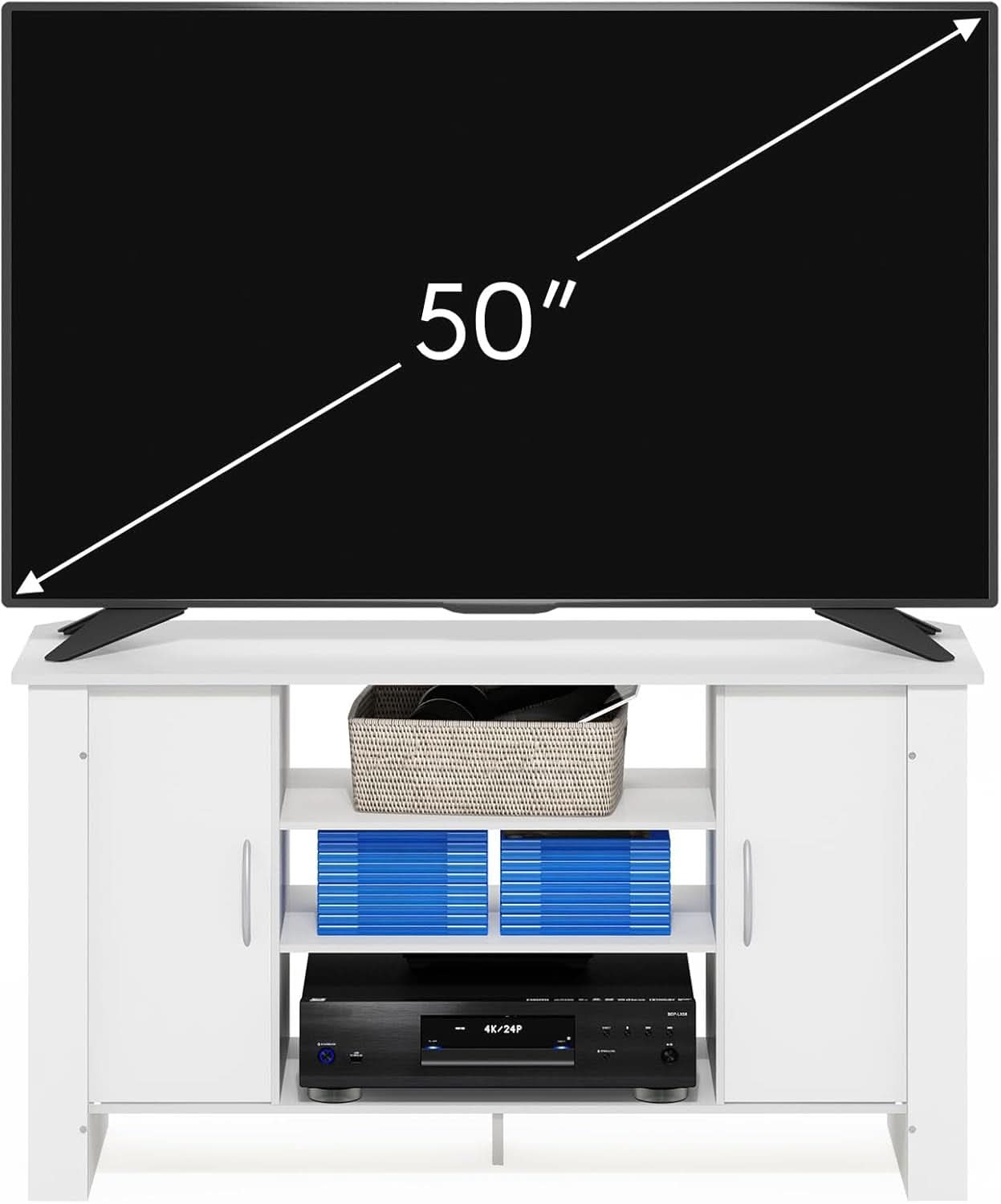 50 Inch White TV Stand With Concealed Storage And Shelves