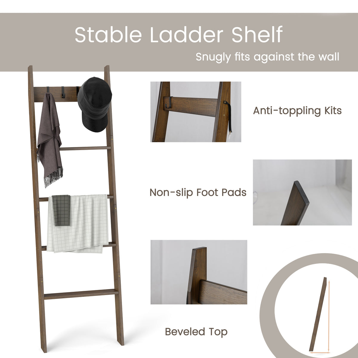 5-Tier Bamboo Ladder Bookshelf with 4 Removable Hooks-Brown