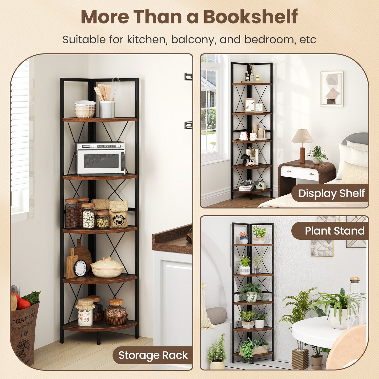 5-Tier Freestanding Corner Shelf 63 Inch Tall Storage Rack