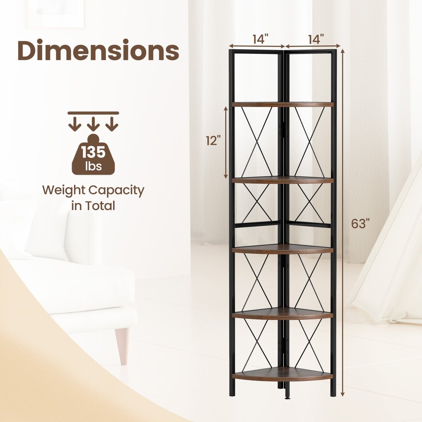5-Tier Freestanding Corner Shelf 63 Inch Tall Storage Rack