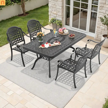 Outdoor Dining Set Cast Aluminum 5 Piece Stackable Black Blue Cushions