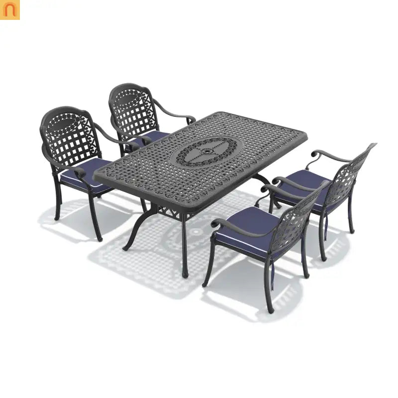 Outdoor Dining Set Cast Aluminum 5 Piece Stackable Black Blue Cushions