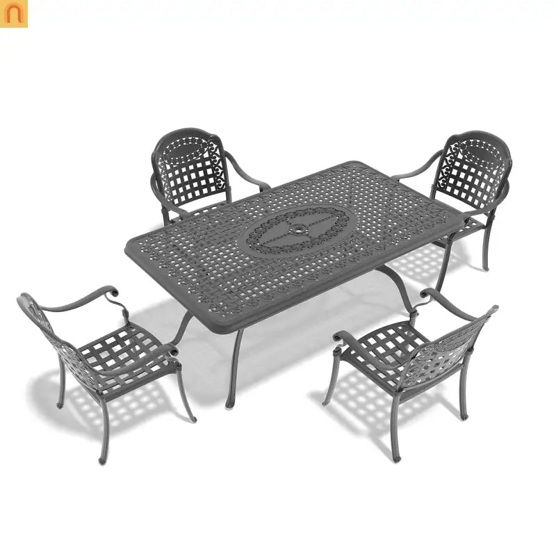 Outdoor Dining Set Cast Aluminum 5 Piece Stackable Black Blue Cushions