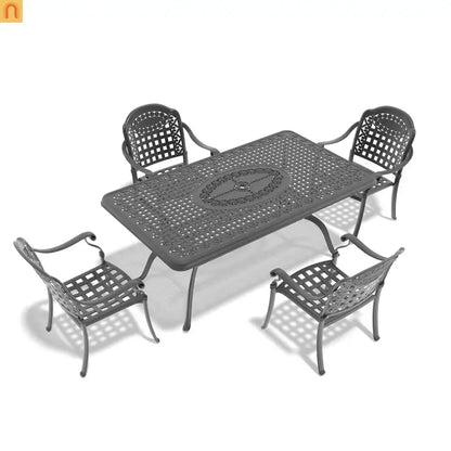 Outdoor Dining Set Cast Aluminum 5 Piece Stackable Black Blue Cushions