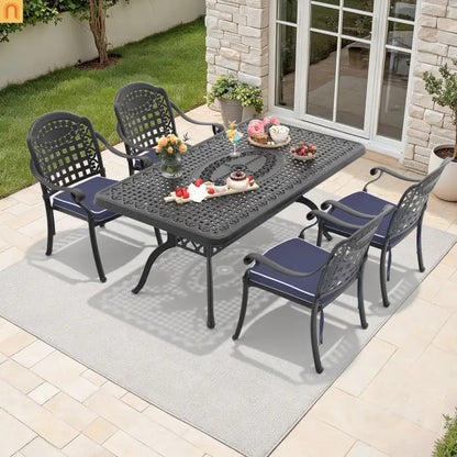 Outdoor Dining Set Cast Aluminum 5 Piece Stackable Black Blue Cushions
