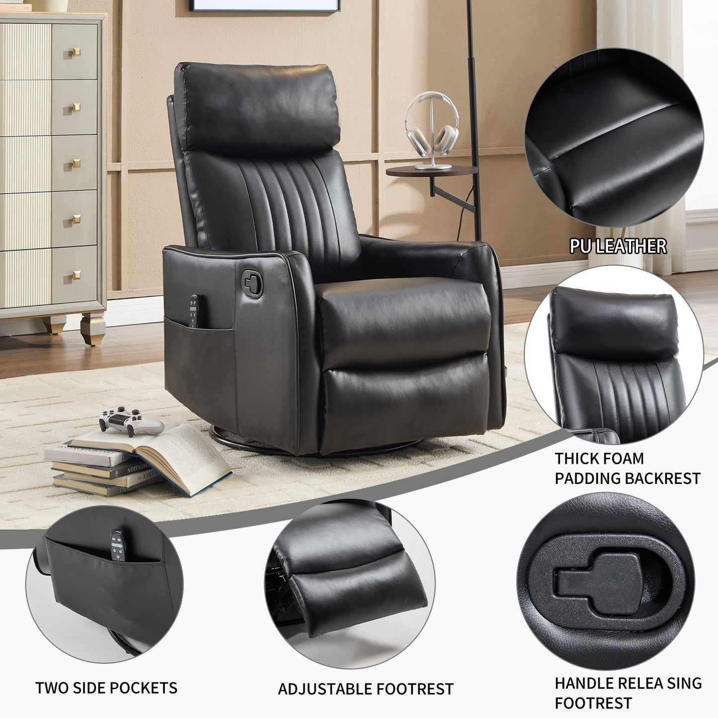 Recliner Chair Swivel Rocker Faux Leather Black Heat Massage
