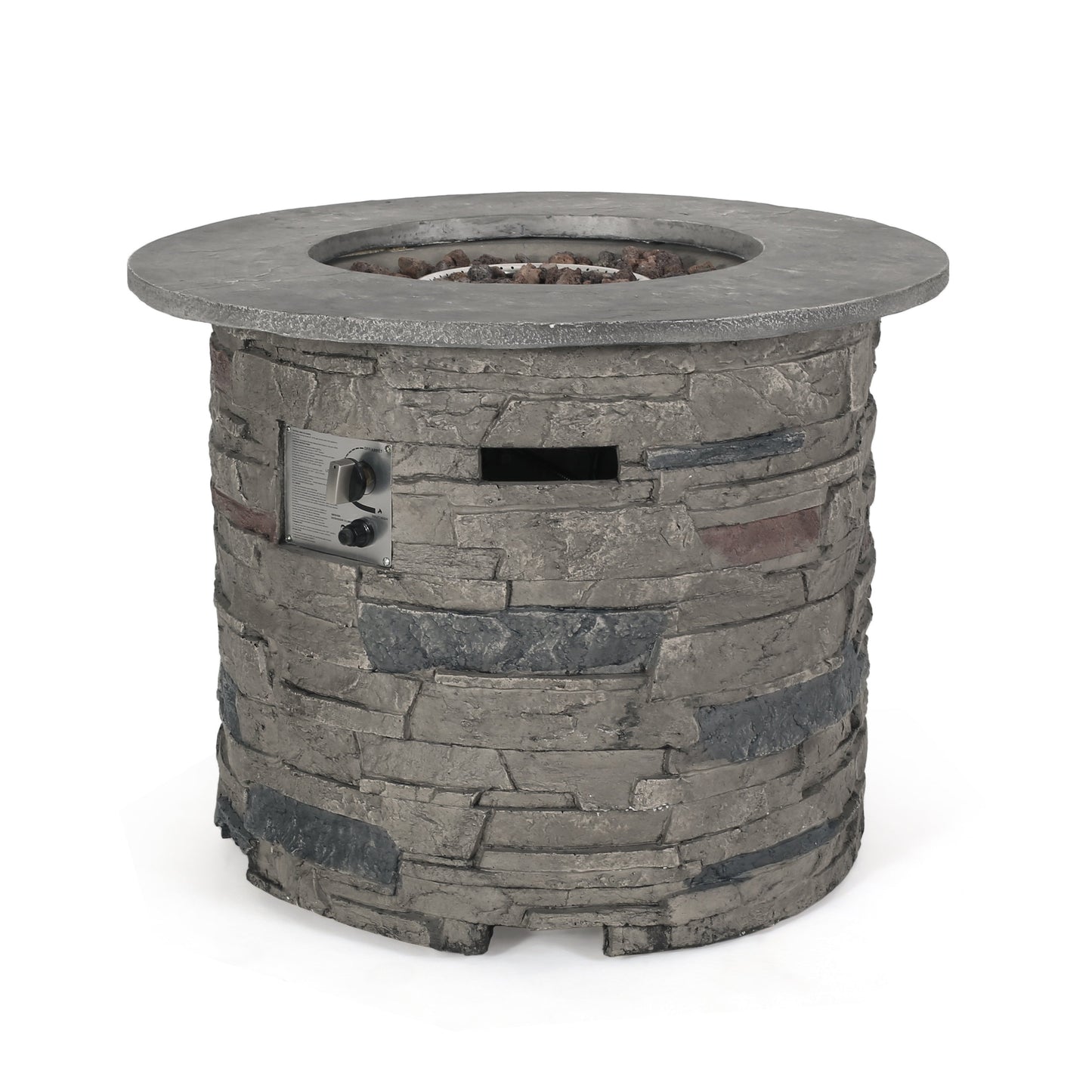 Transitional Outdoor 32 Inch Round MGO Propane Fire Pit Table, Stone Gray