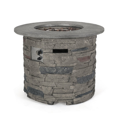 Transitional Outdoor 32 Inch Round MGO Propane Fire Pit Table, Stone Gray